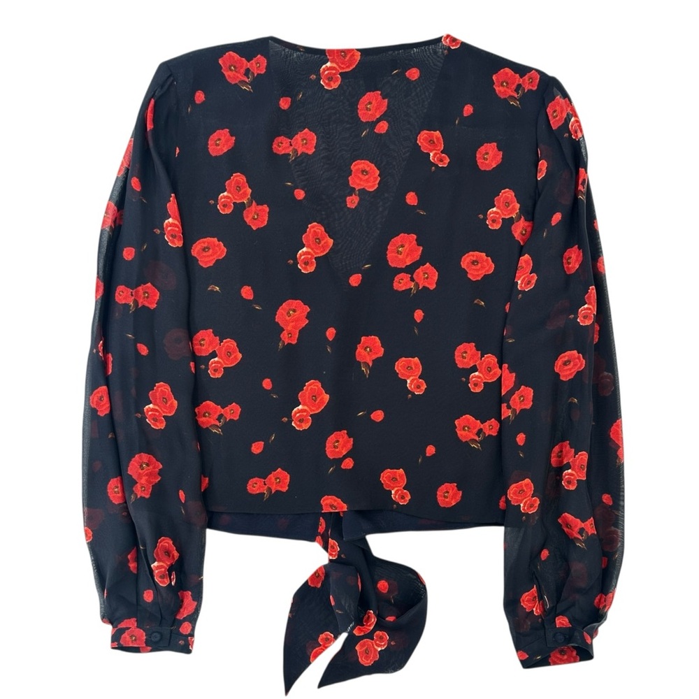 INTERMIX Navy Black Red Floral Tie Waist V-Neck Long Sleeve Silk Blouse z M - Picture 2 of 8